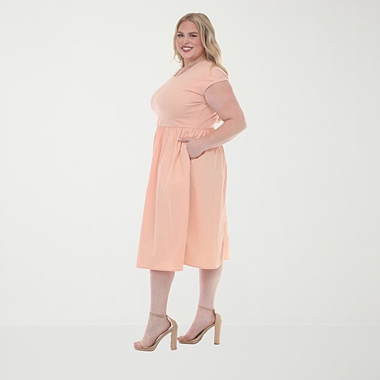 White Mark Womens Plus Crew Neck Short Sleeve Cap Fit + Flare Dress