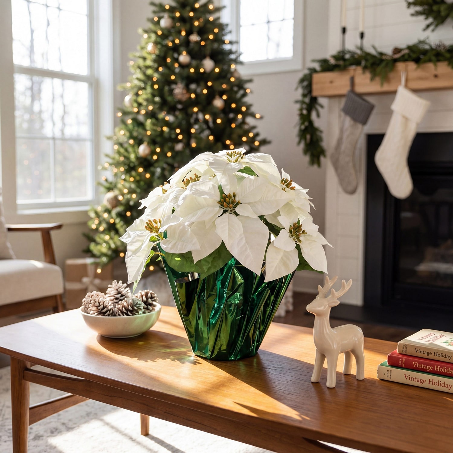 Nearly Natural 19" White Velvet Poinsettia Floral Arrangement