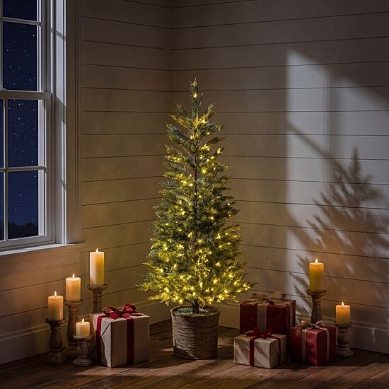 Nearly Natural 5ft Snowed Cypress 5 Foot Pre-Lit Pine Christmas Tree