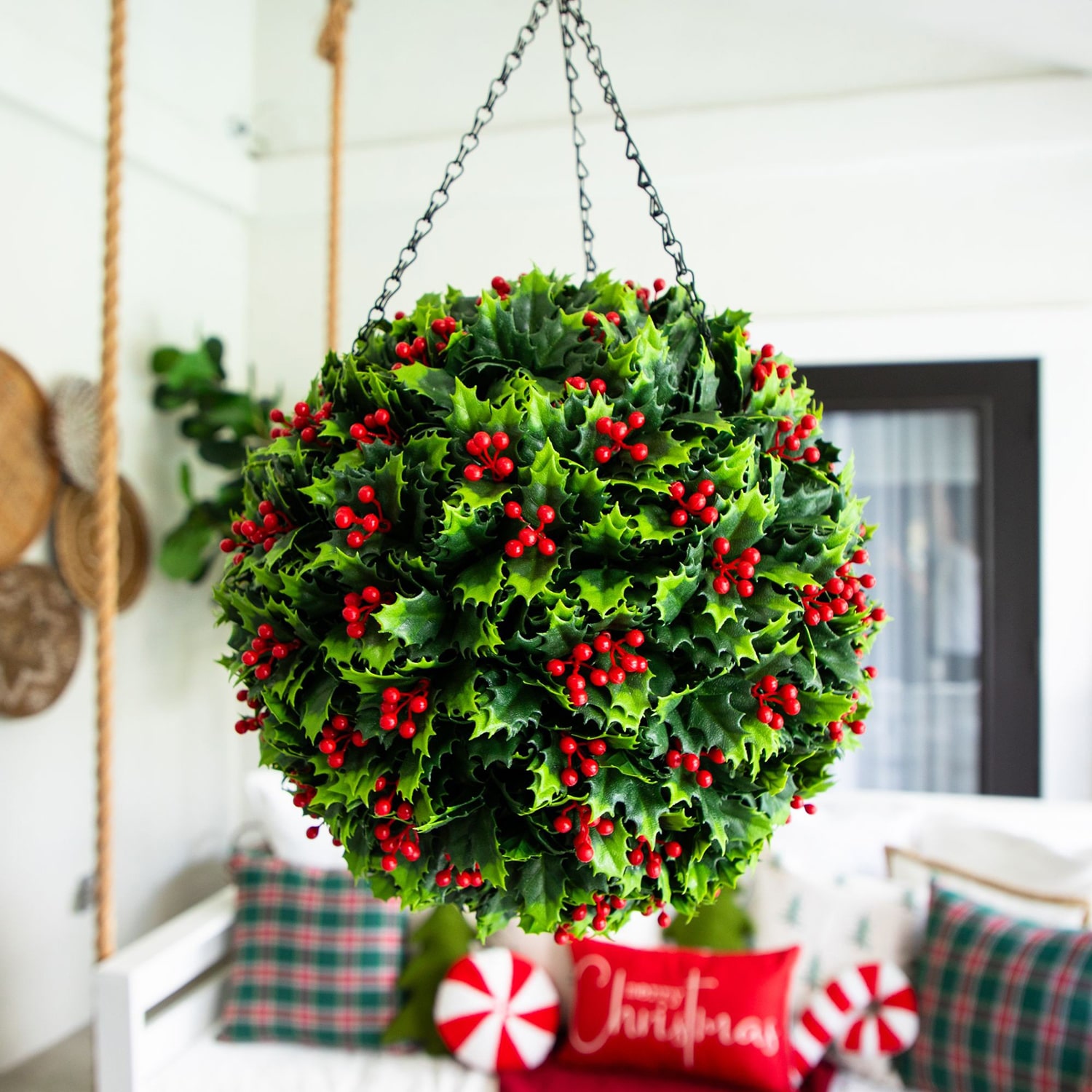 Nearly Natural 22" Holly Berry Hanging Ball Artificial Plant
