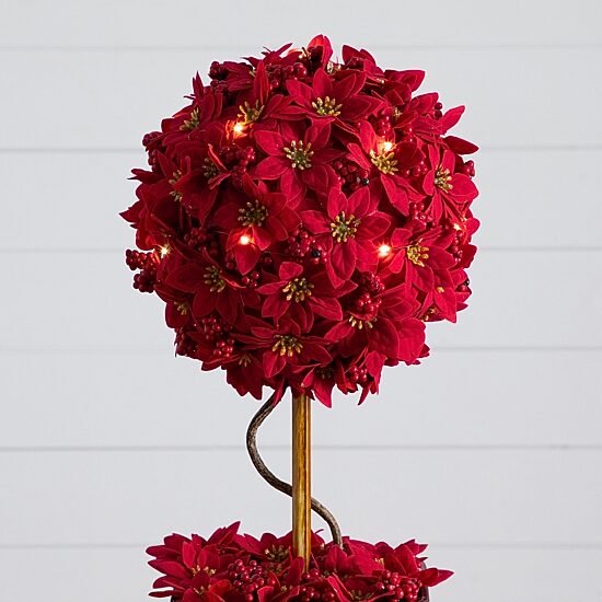 Nearly Natural 21" Pre-Lit Poinsettia Single Ball Lighted Christmas Topiary