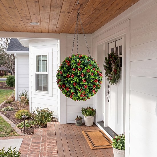 Nearly Natural 22" Holly Berry Hanging Ball Artificial Plant