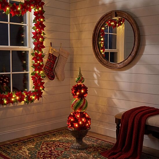 Nearly Natural 3ft Pre-Lit Poinsettia Lighted Christmas Topiary