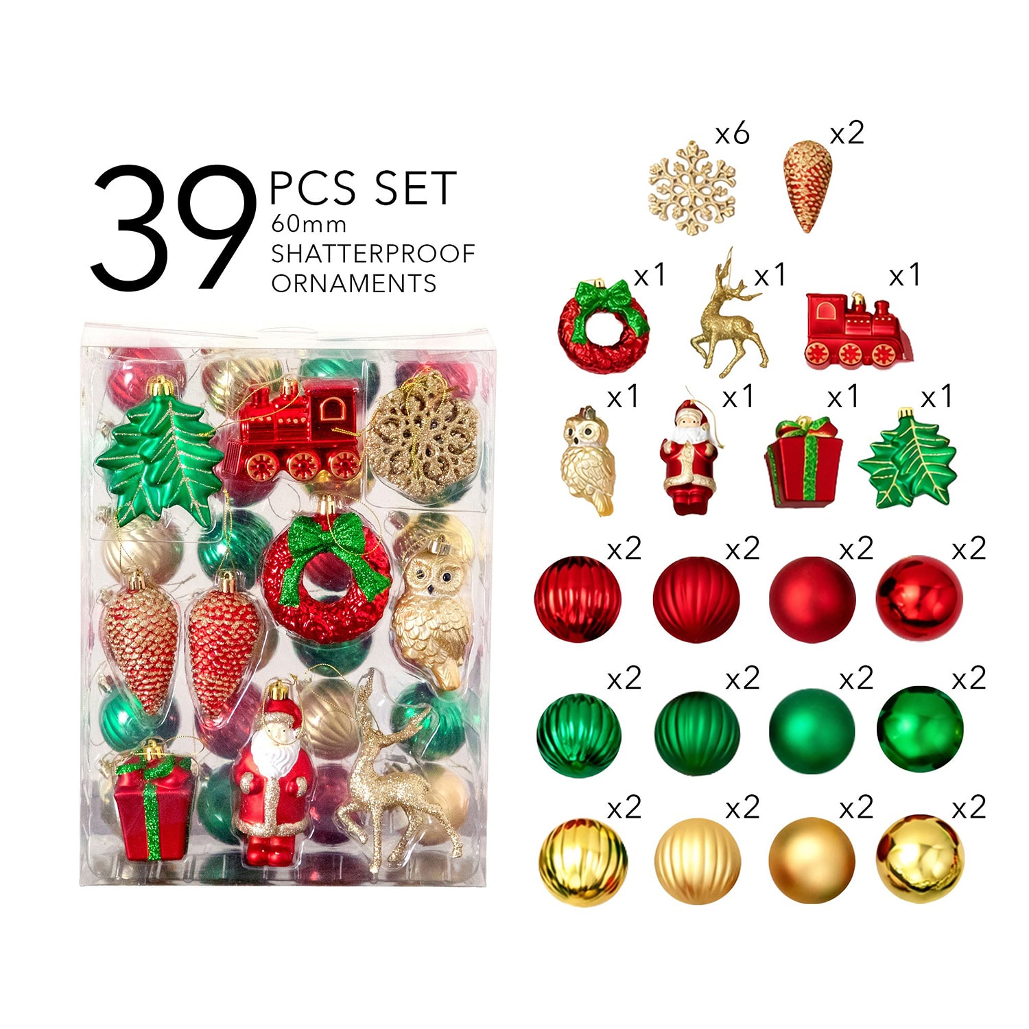 Nearly Natural Red, Green And Gold Assorted Shatterproof 39-pc. Christmas Ornament