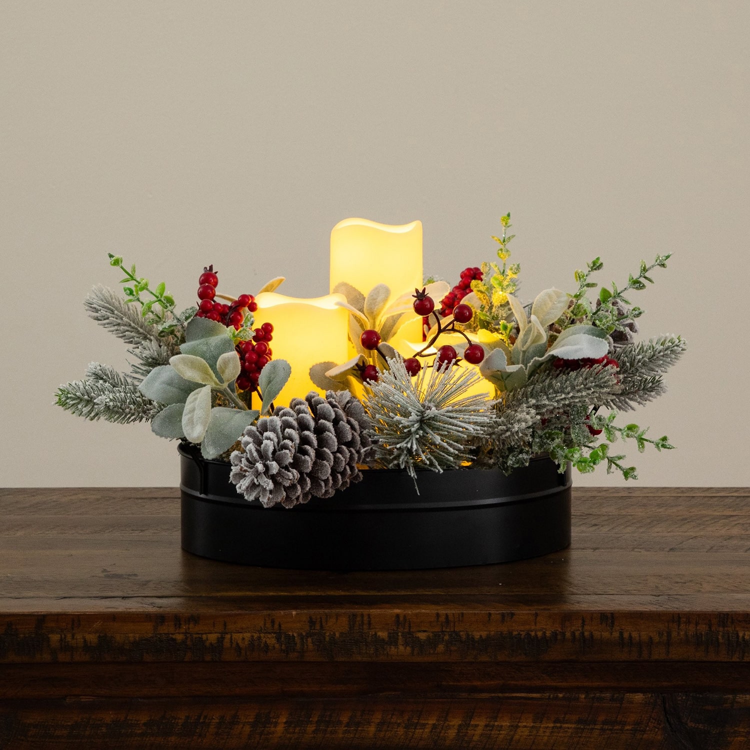 Nearly Natural 10" Pine & Berry With Pinecones Floral Arrangement