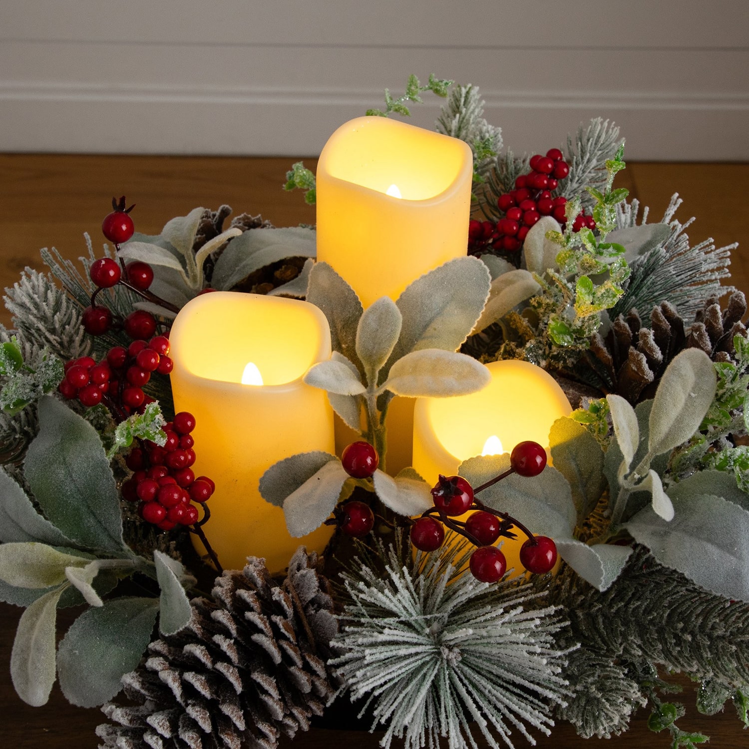 Nearly Natural 10" Pine & Berry With Pinecones Floral Arrangement