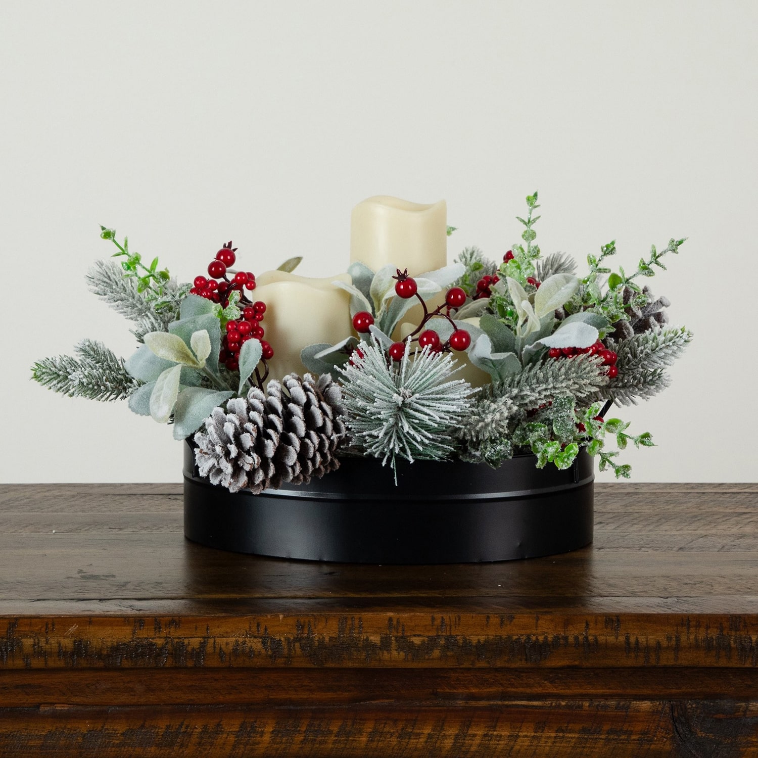 Nearly Natural 10" Pine & Berry With Pinecones Floral Arrangement
