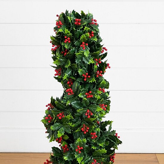 Nearly Natural 3ft Pre-Lit Holly Berry Spiral Lighted Christmas Topiary