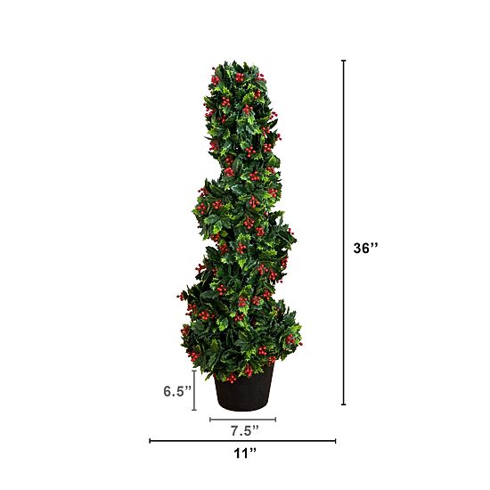 Nearly Natural 3ft Pre-Lit Holly Berry Spiral Lighted Christmas Topiary