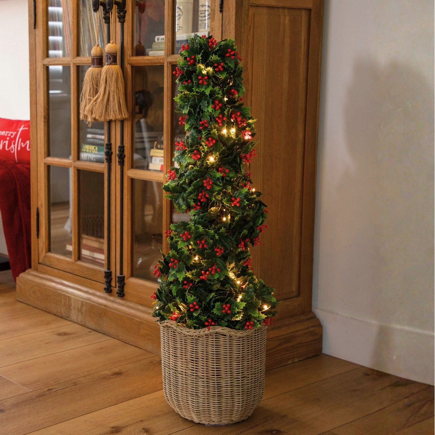 Nearly Natural 3ft Pre-Lit Holly Berry Spiral Lighted Christmas Topiary