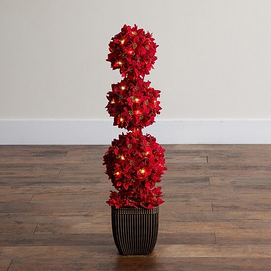 Nearly Natural 31" Poinsettia Triple Ball Lighted Christmas Topiary