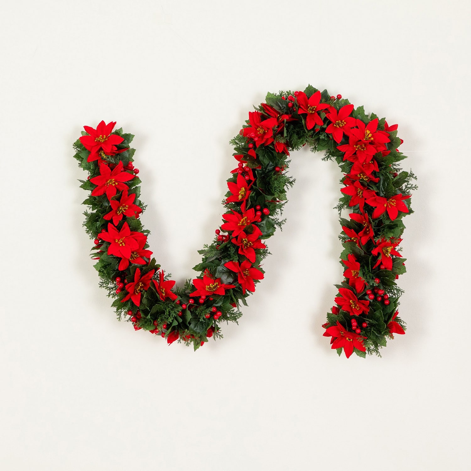 Nearly Natural 6ft Poinsettia & Berries Christmas Indoor Outdoor Garland