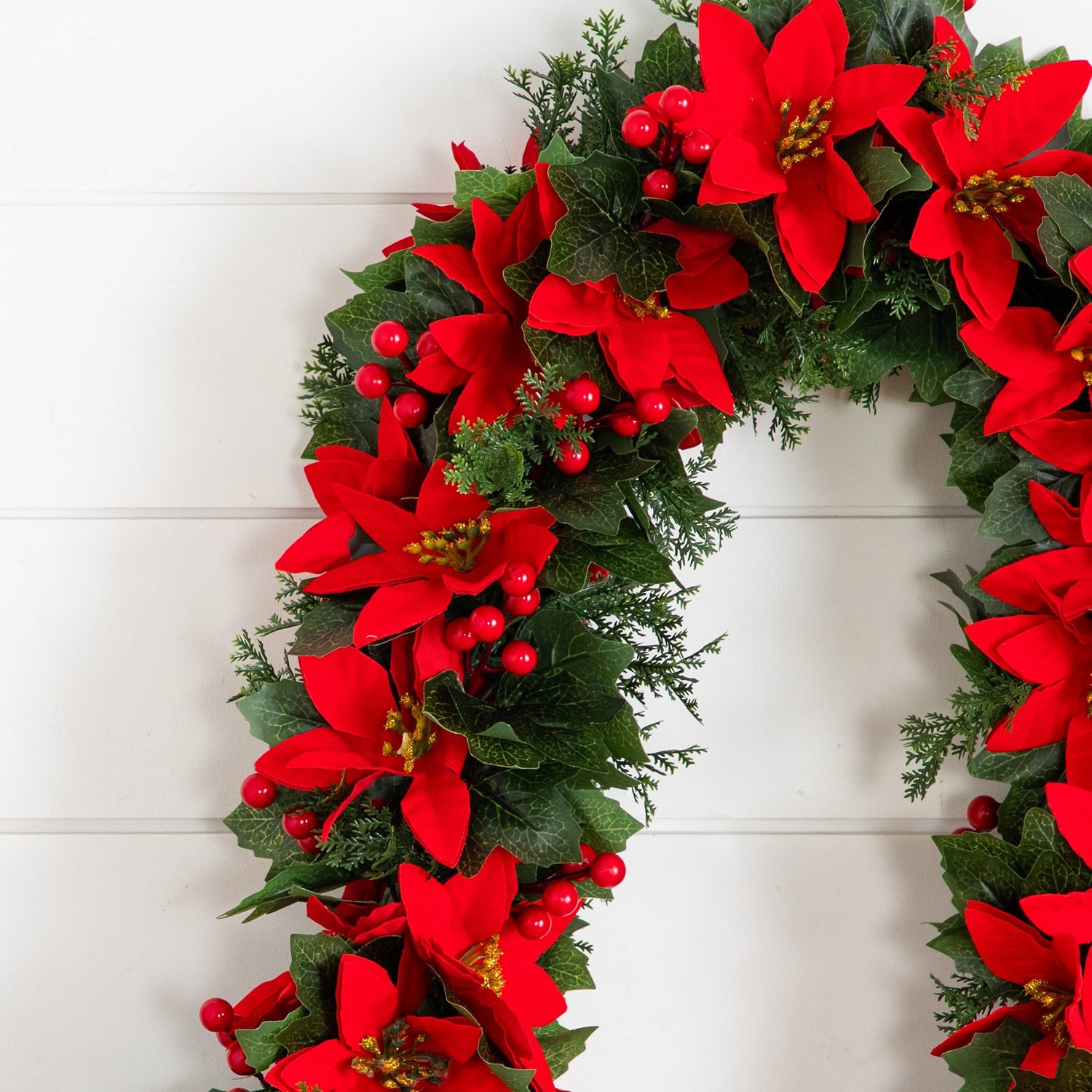 Nearly Natural 6ft Poinsettia & Berries Christmas Indoor Outdoor Garland