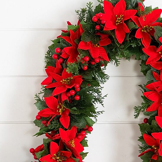 Nearly Natural 6ft Poinsettia & Berries Christmas Indoor Outdoor Garland