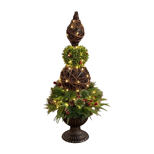 Nearly Natural 3' Pre-Lit Artificial Finial Boxwood Ornament Mixed Pine Topiary Christmas Tree - Green