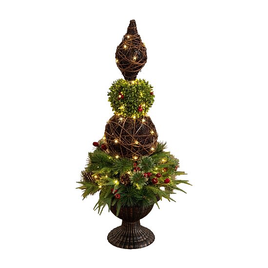 Nearly Natural 3ft Finial Boxwood Mixed Pine Lighted Christmas Topiary