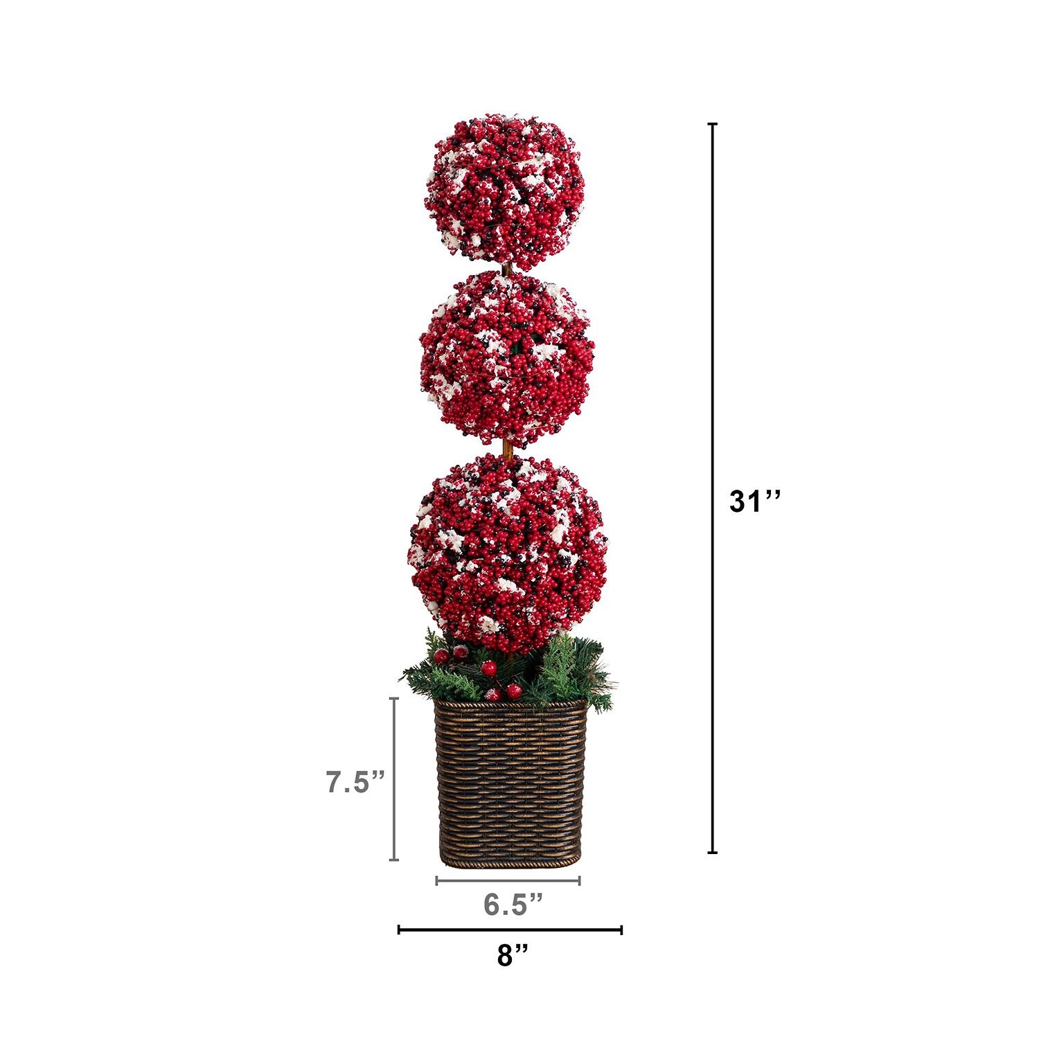 Nearly Natural 31" Snowed Holly Berry Triple Ball Lighted Christmas Topiary