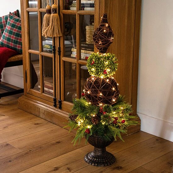 Nearly Natural 3ft Finial Boxwood Mixed Pine Lighted Christmas Topiary