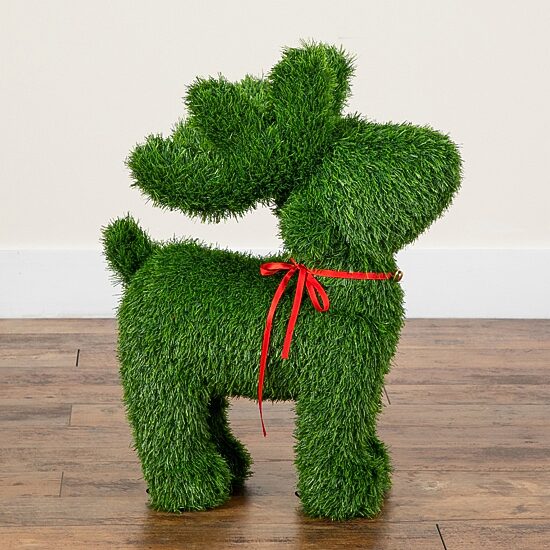 Nearly Natural 2ft Grass Garden Plush Reindeer Christmas Topiary