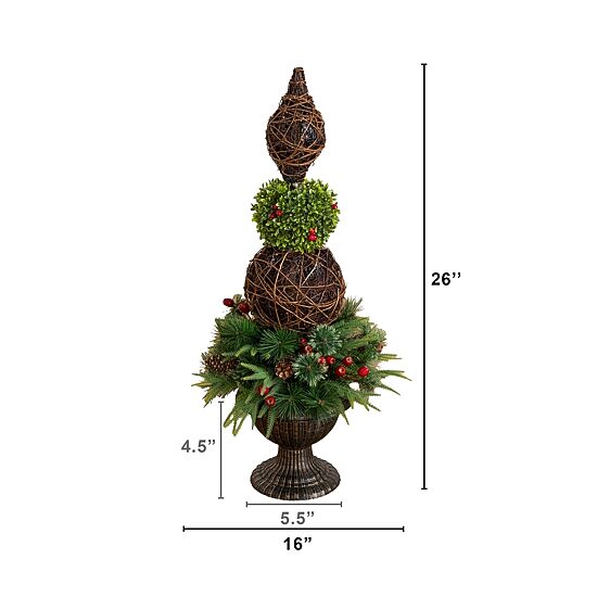 Nearly Natural 3ft Finial Boxwood Mixed Pine Lighted Christmas Topiary