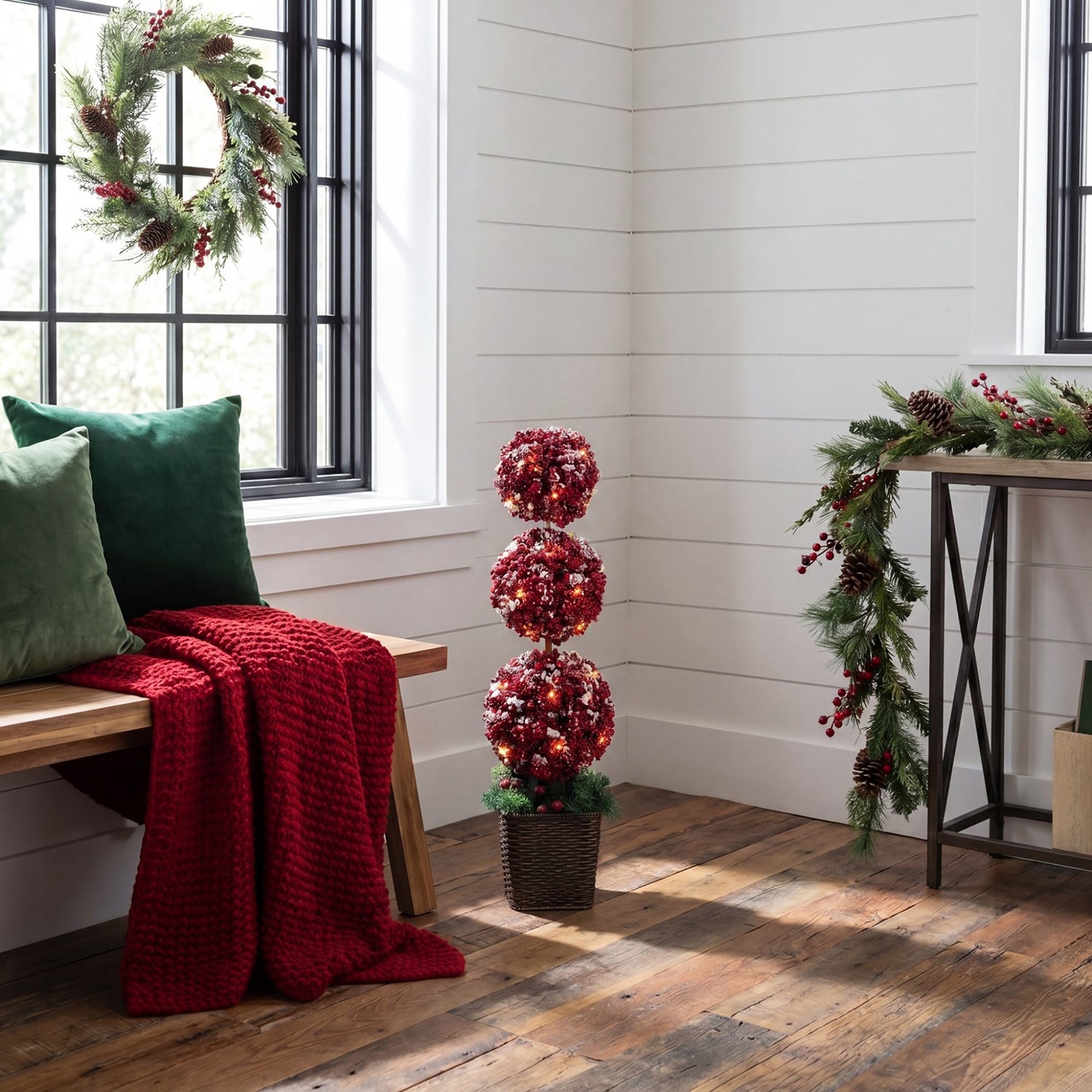 Nearly Natural 31" Snowed Holly Berry Triple Ball Lighted Christmas Topiary