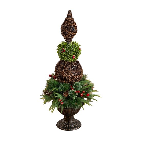 Nearly Natural 3ft Finial Boxwood Mixed Pine Lighted Christmas Topiary