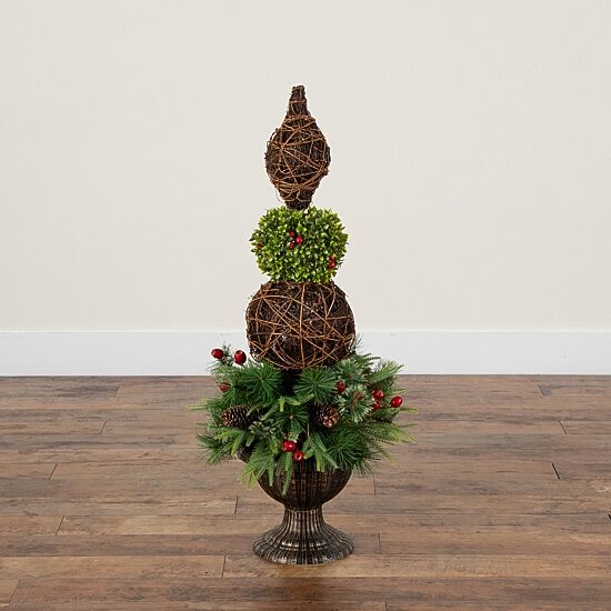 Nearly Natural 3ft Finial Boxwood Mixed Pine Lighted Christmas Topiary