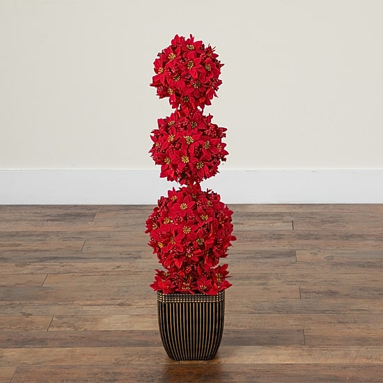 Nearly Natural 31" Poinsettia Triple Ball Lighted Christmas Topiary