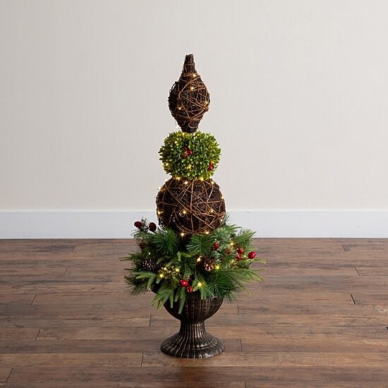 Nearly Natural 3ft Finial Boxwood Mixed Pine Lighted Christmas Topiary