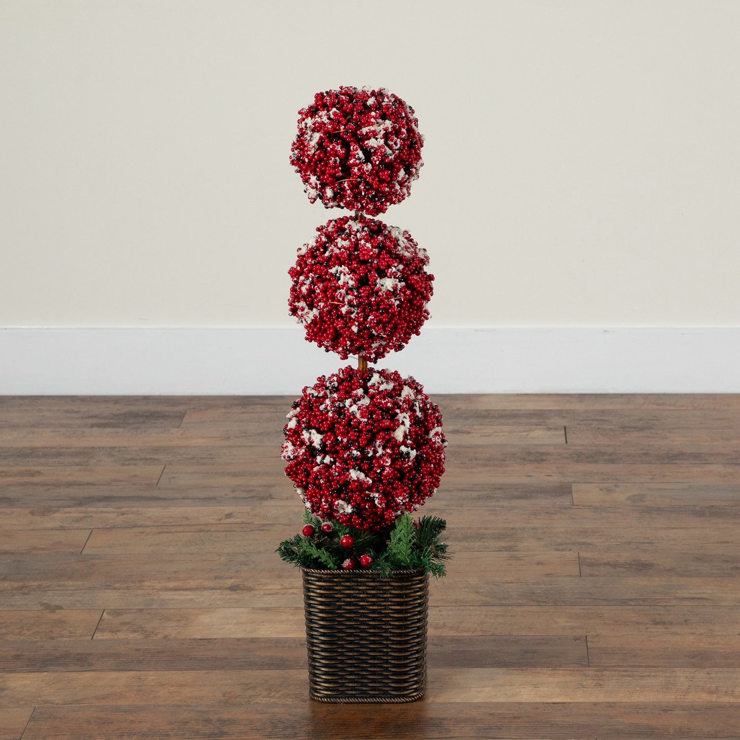 Nearly Natural 31" Snowed Holly Berry Triple Ball Lighted Christmas Topiary