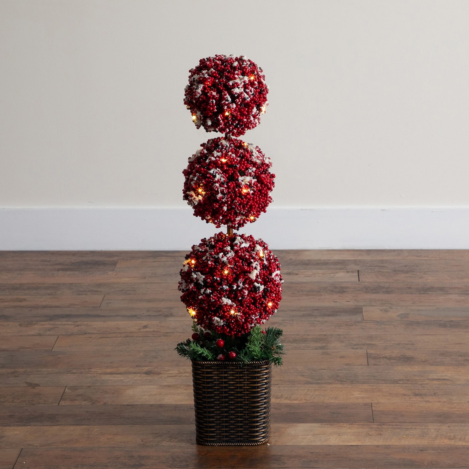 Nearly Natural 31" Snowed Holly Berry Triple Ball Lighted Christmas Topiary