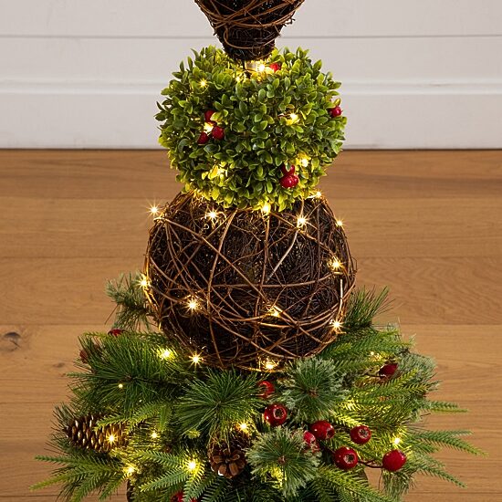 Nearly Natural 3ft Finial Boxwood Mixed Pine Lighted Christmas Topiary