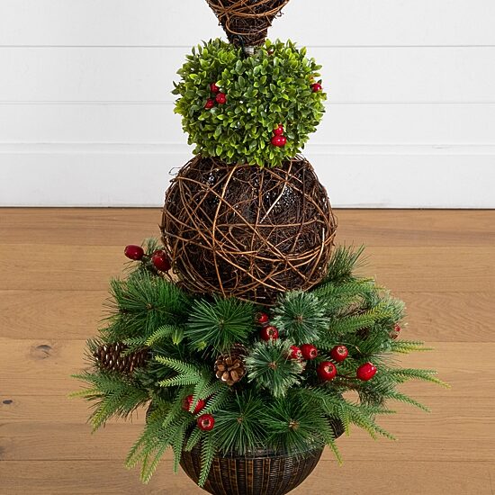 Nearly Natural 3ft Finial Boxwood Mixed Pine Lighted Christmas Topiary