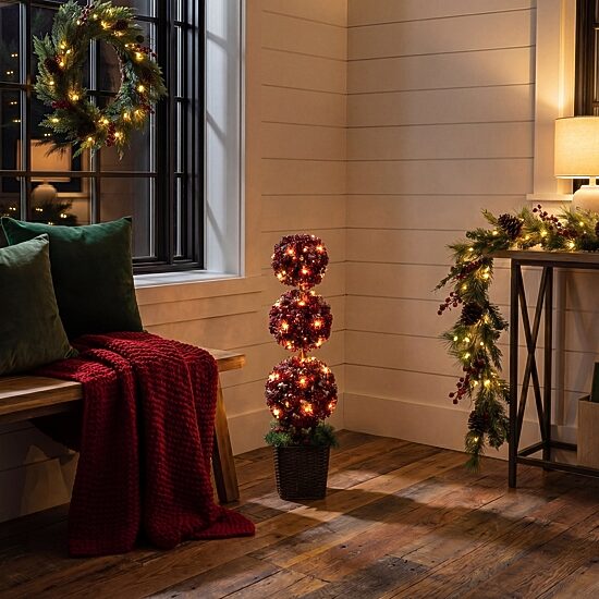Nearly Natural 31" Poinsettia Triple Ball Lighted Christmas Topiary