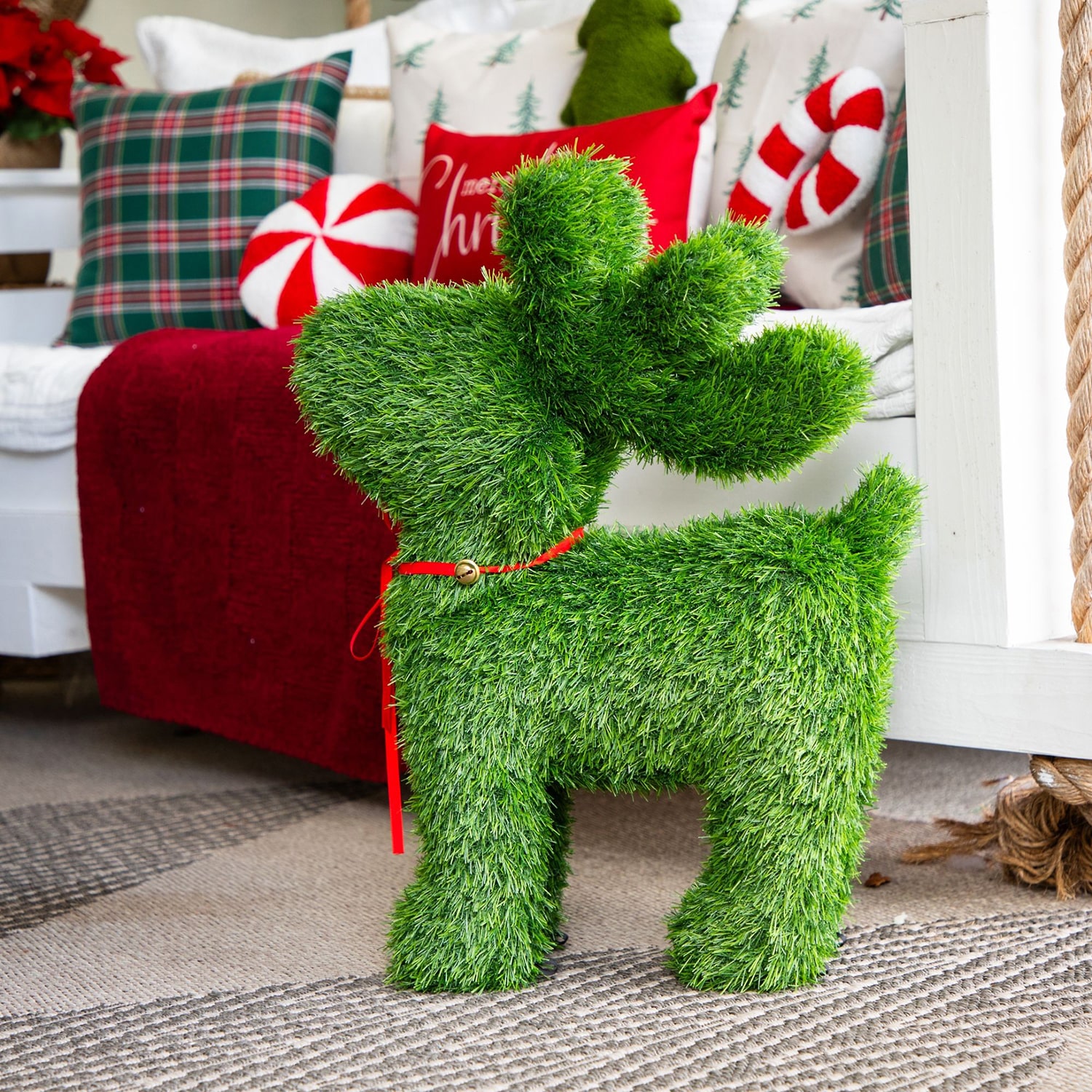 Nearly Natural 2ft Grass Garden Plush Reindeer Christmas Topiary