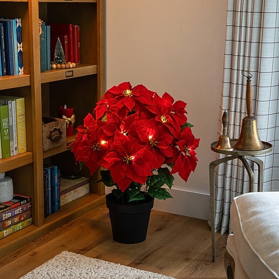 Nearly Natural 30" Pre-Lit Grand Velvet Poinsettia Floral Arrangement