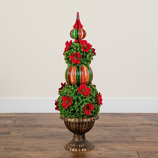 Nearly Natural 3ft Pre-Lit Poinsettia Holly Berry Lighted Christmas Topiary