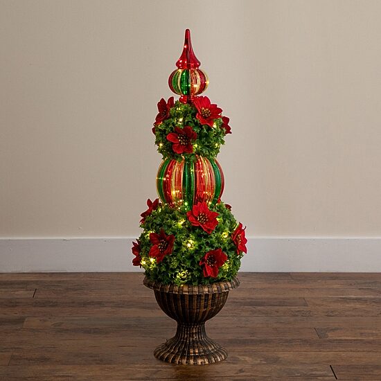 Nearly Natural 3ft Pre-Lit Poinsettia Holly Berry Lighted Christmas Topiary