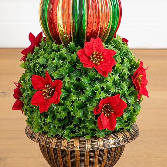 Nearly Natural 3ft Pre-Lit Poinsettia Holly Berry Lighted Christmas Topiary