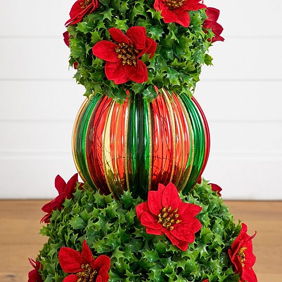 Nearly Natural 3ft Pre-Lit Poinsettia Holly Berry Lighted Christmas Topiary
