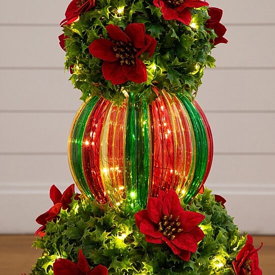 Nearly Natural 3ft Pre-Lit Poinsettia Holly Berry Lighted Christmas Topiary