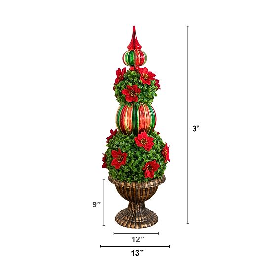 Nearly Natural 3ft Pre-Lit Poinsettia Holly Berry Lighted Christmas Topiary