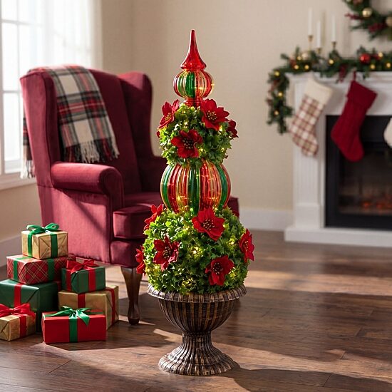 Nearly Natural 3ft Pre-Lit Poinsettia Holly Berry Lighted Christmas Topiary