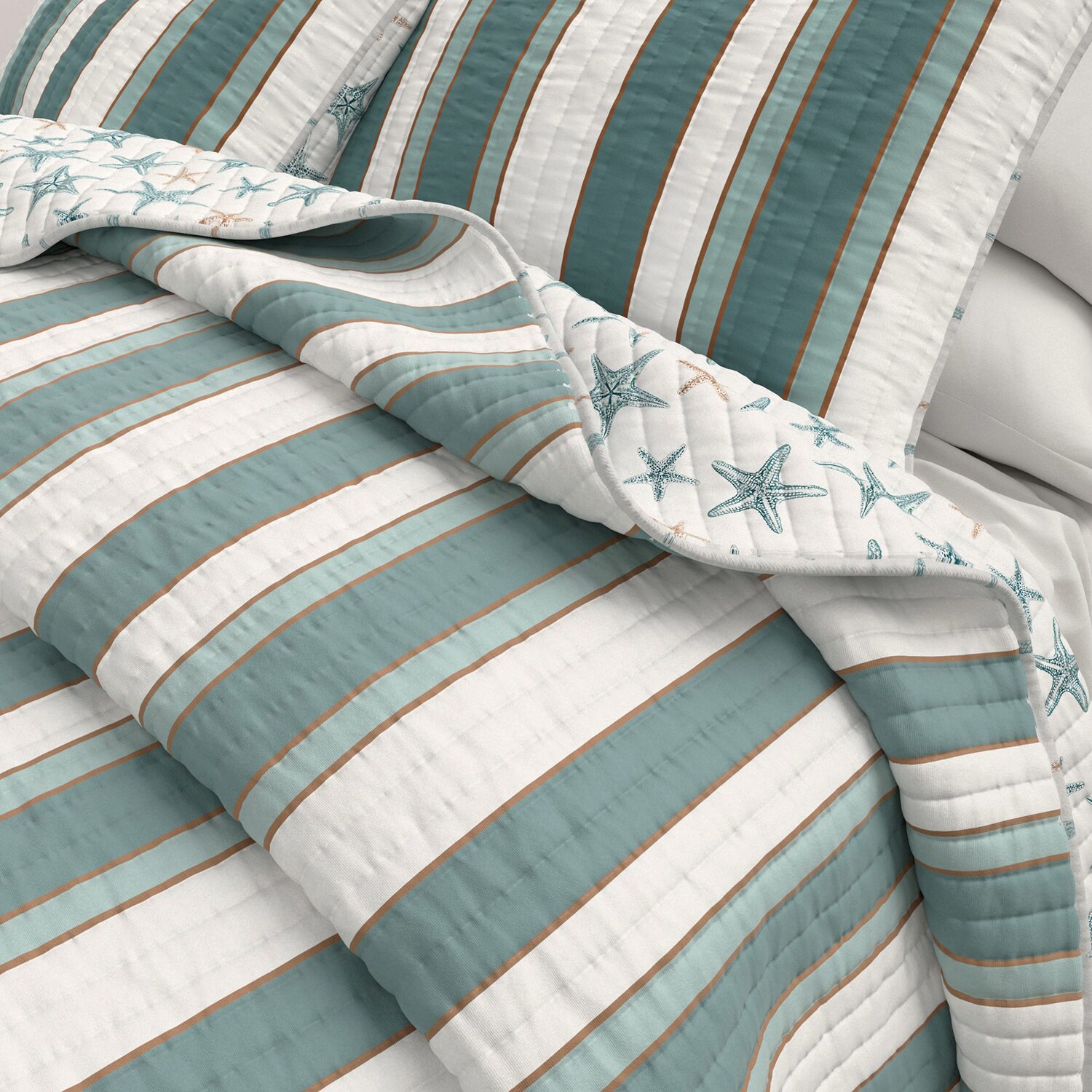 Linery Reversible Coastal Stripe Easy Care Quilt Set