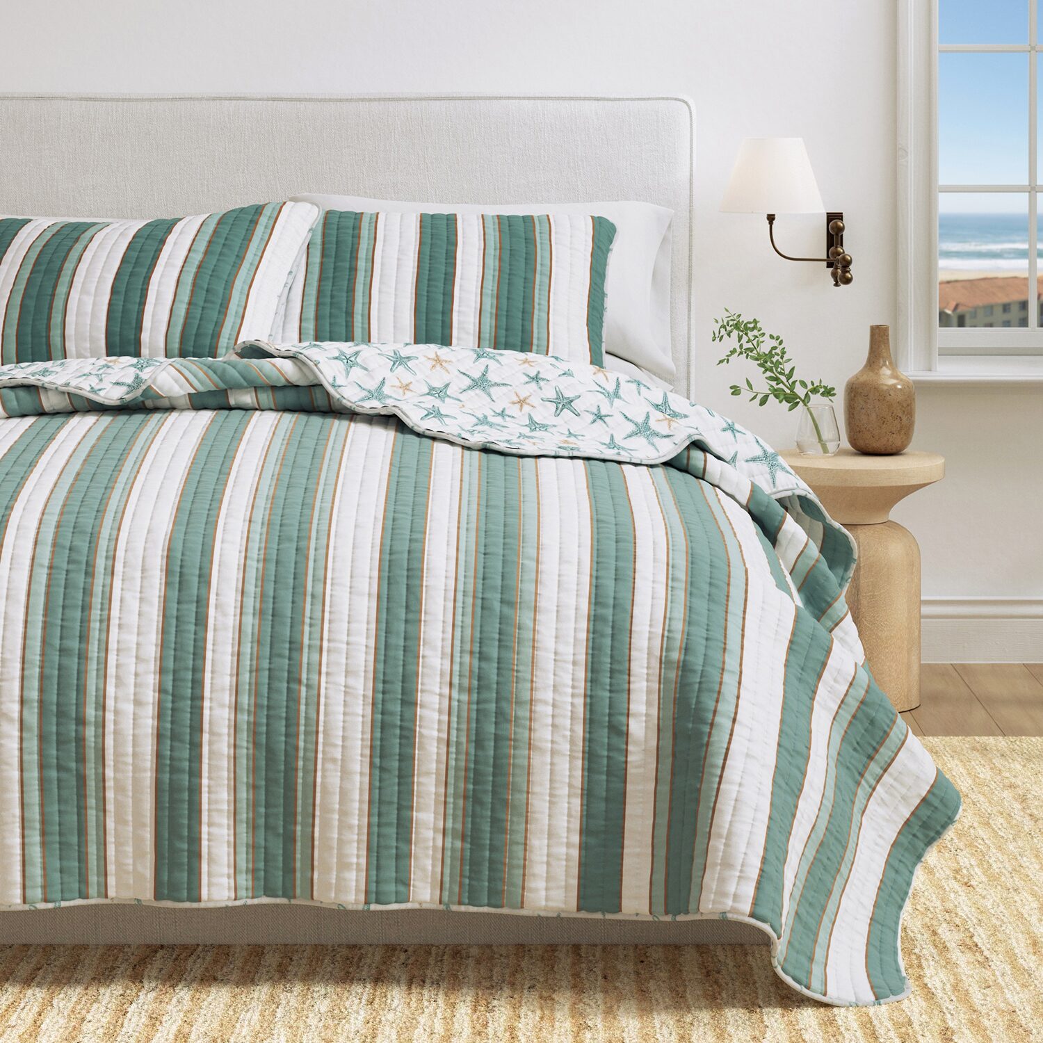 Linery Reversible Coastal Stripe Easy Care Quilt Set