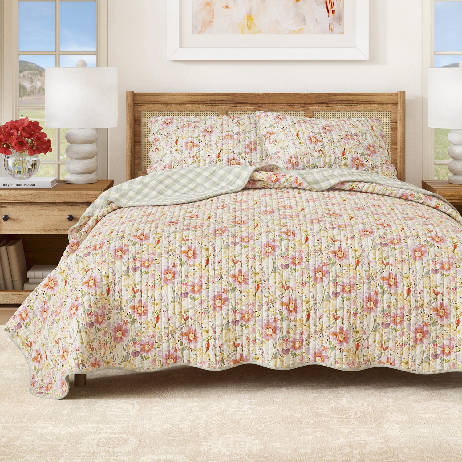 Linery Floral Bloom Scalloped Reversible Quilt Set