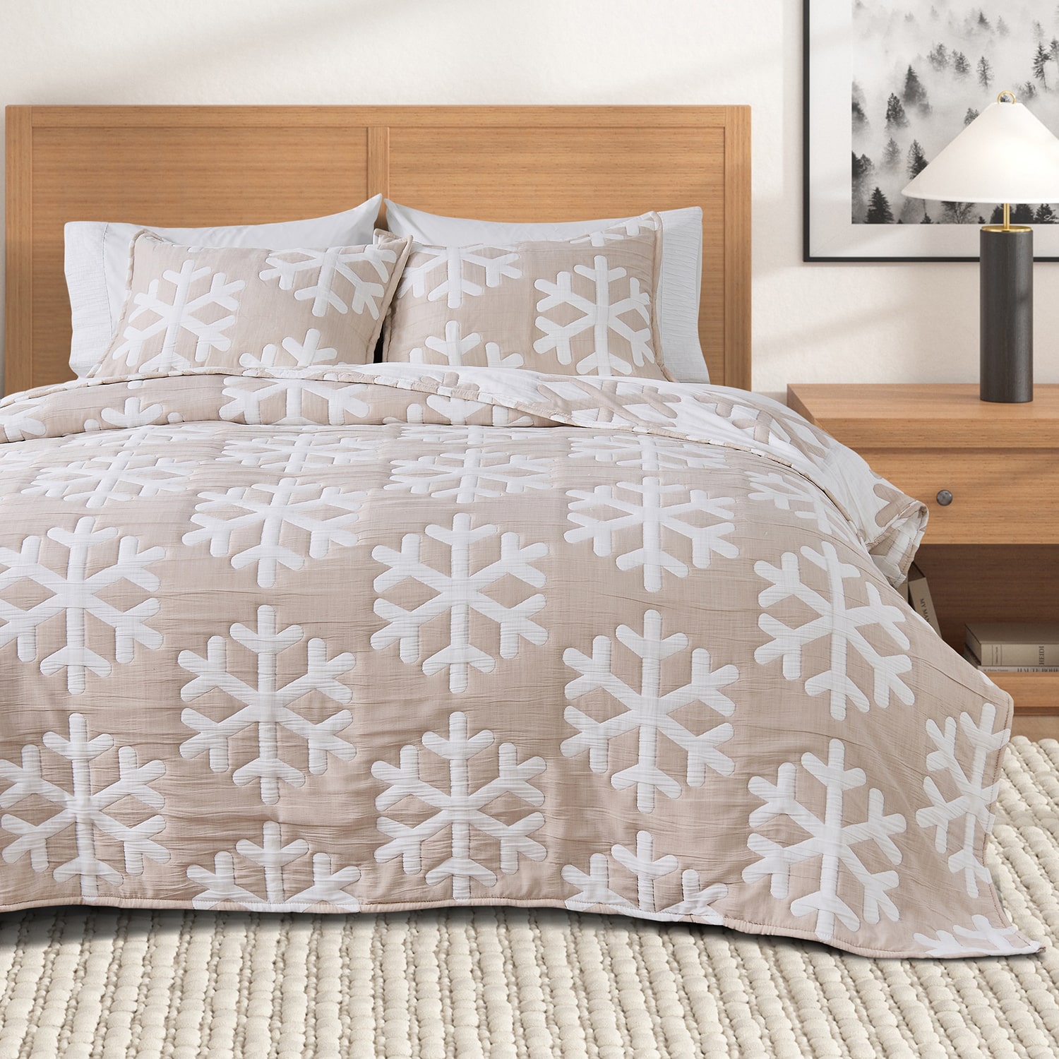 Linery Reversible Stitched Snowflake Easy Care Quilt Set