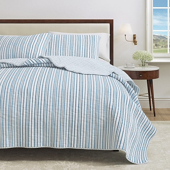 Linery Blue Striped Reversible Quilt Set