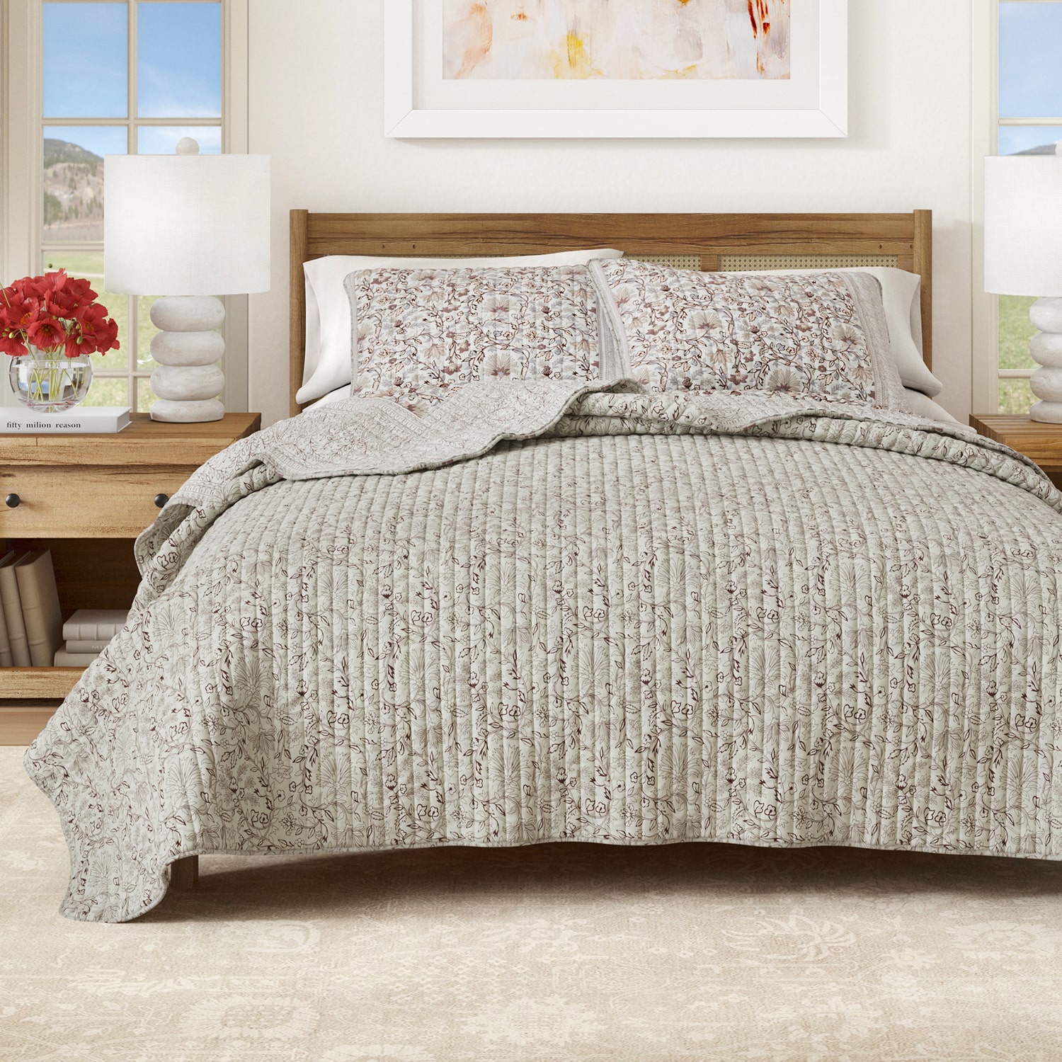 Linery Neutral Floral Reversible Quilt Set