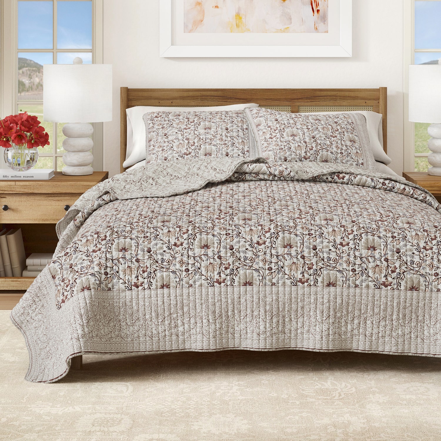 Linery Neutral Floral Reversible Quilt Set